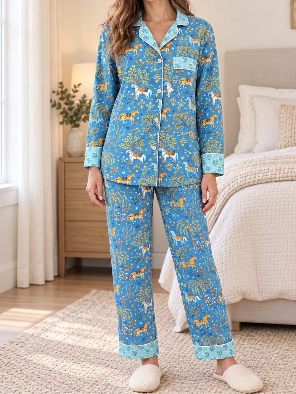 Printfresh Show Pony Print Pajama Set Blue Organic Cotton Women’s Small